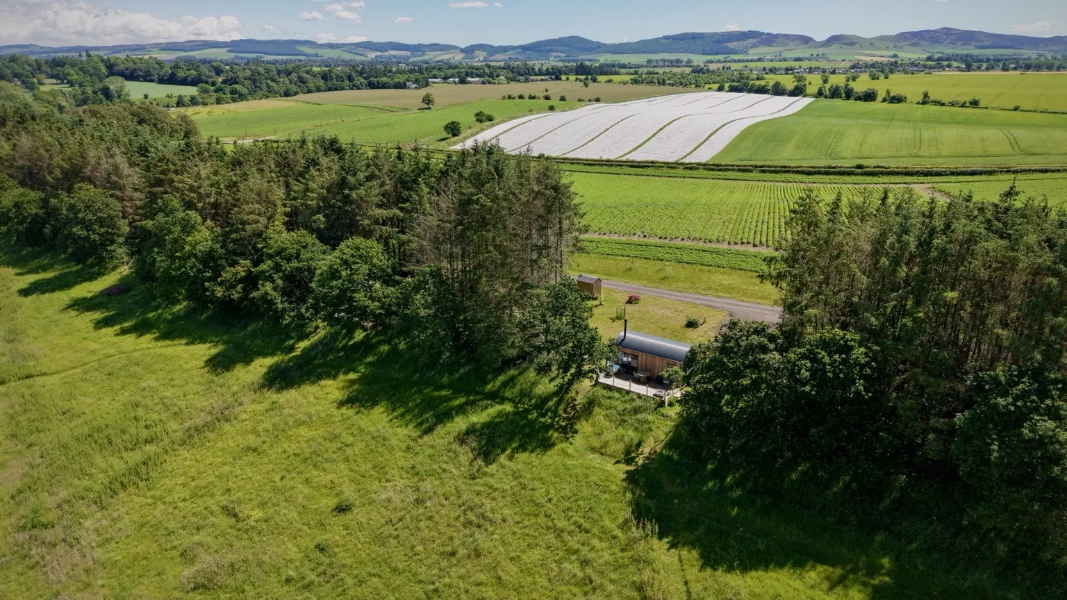 Aerial view of Milkwood among fields and woodland