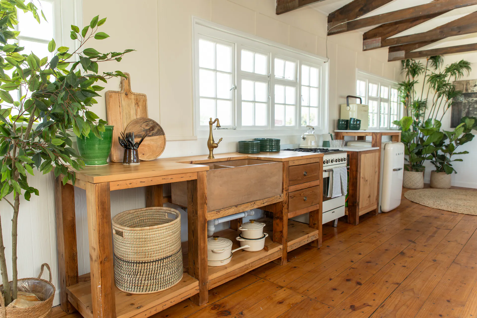 Sea Facing Apartment kitchen with farmhouse sink and vintage stove