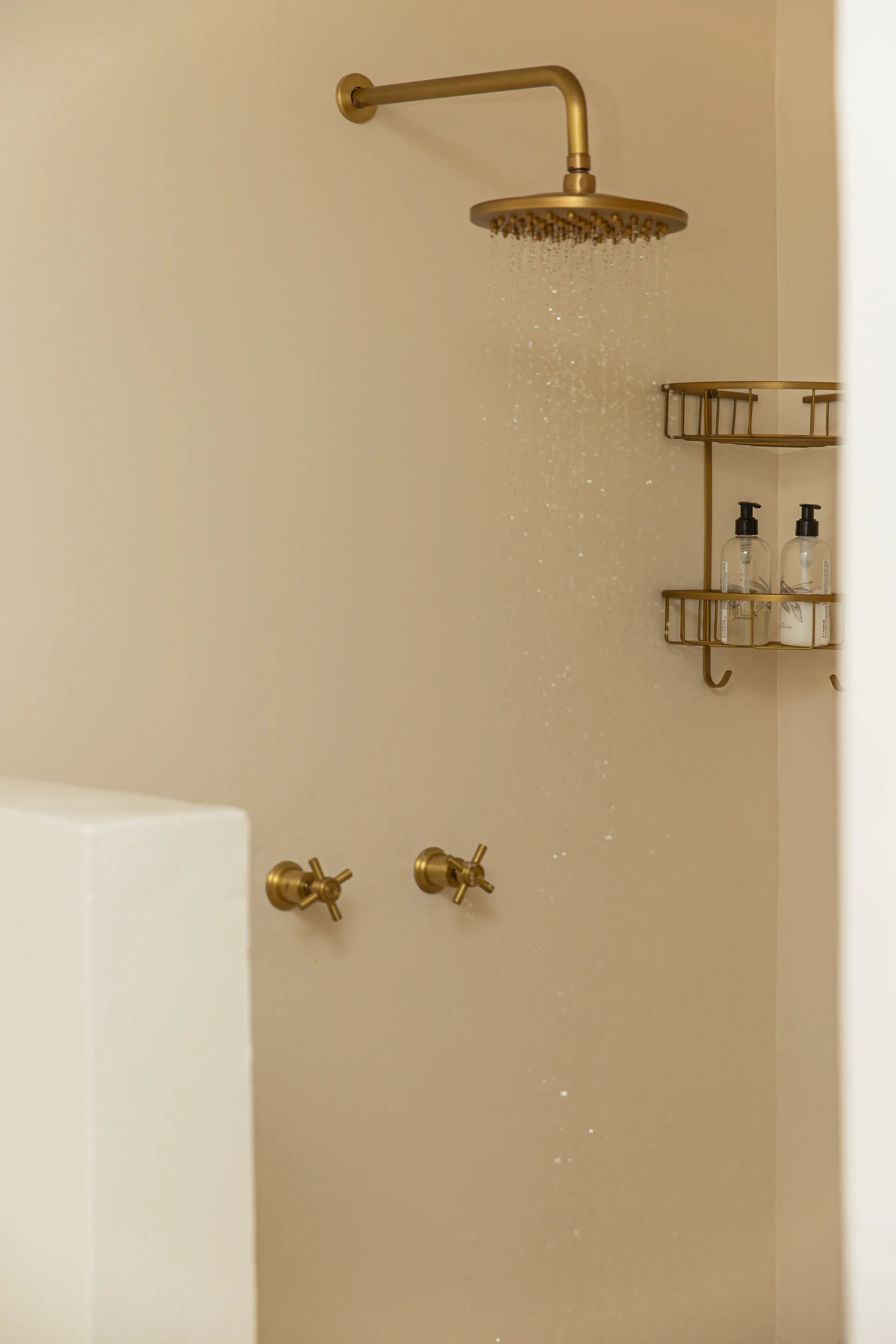 Brass rain shower in the Family Room bathroom