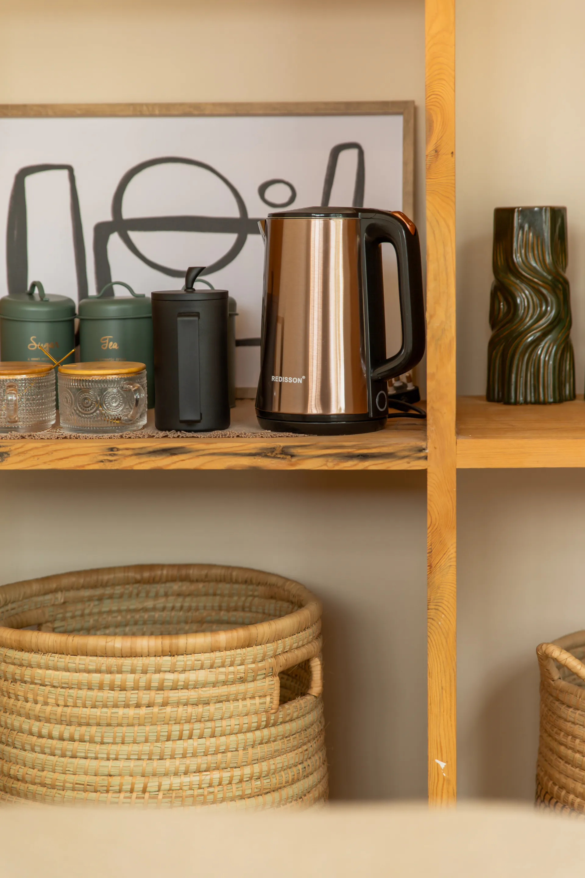 Tea station and kettle on the Family Room wardrobe