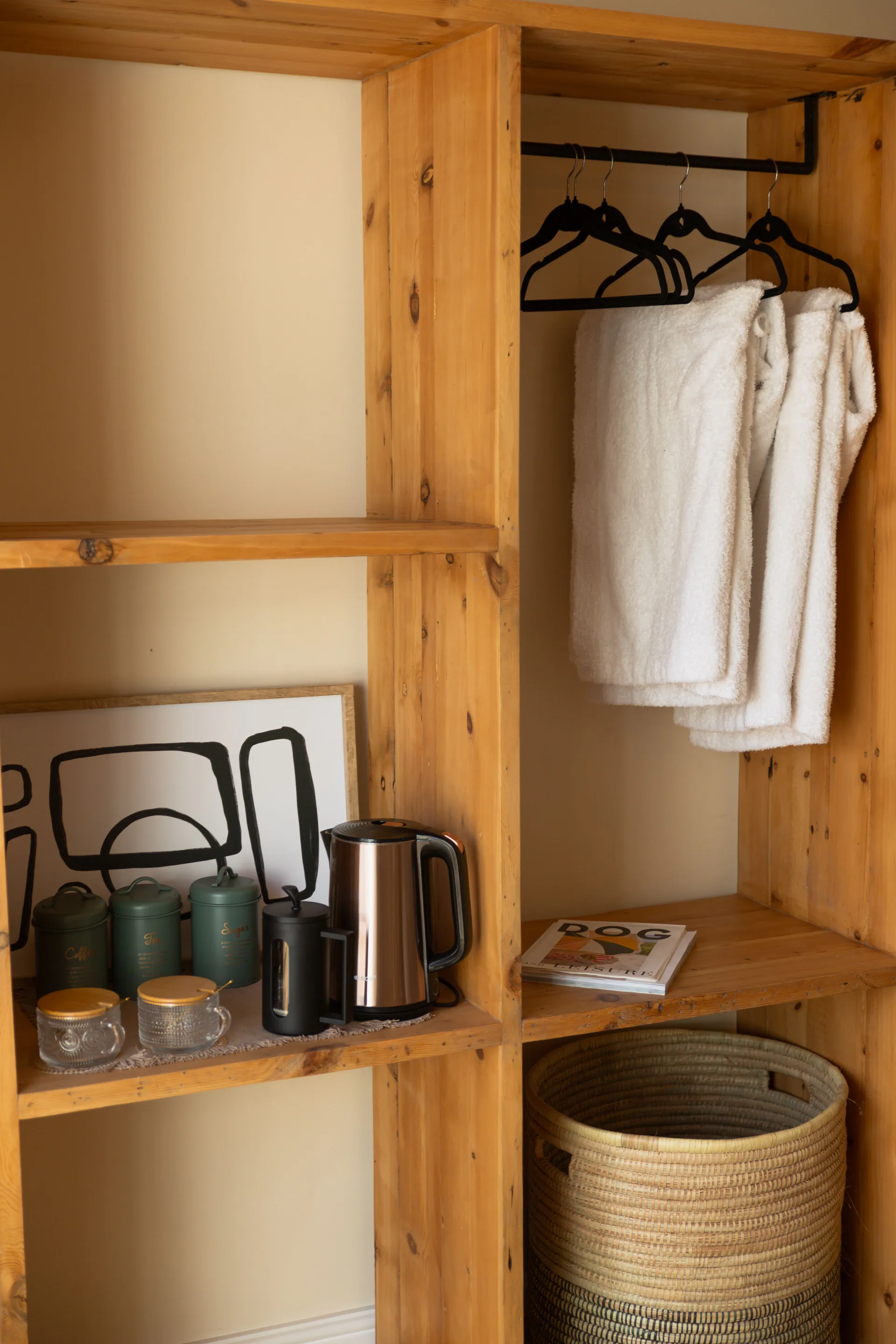 Tea station and hanging towels in the Family Room wardrobe